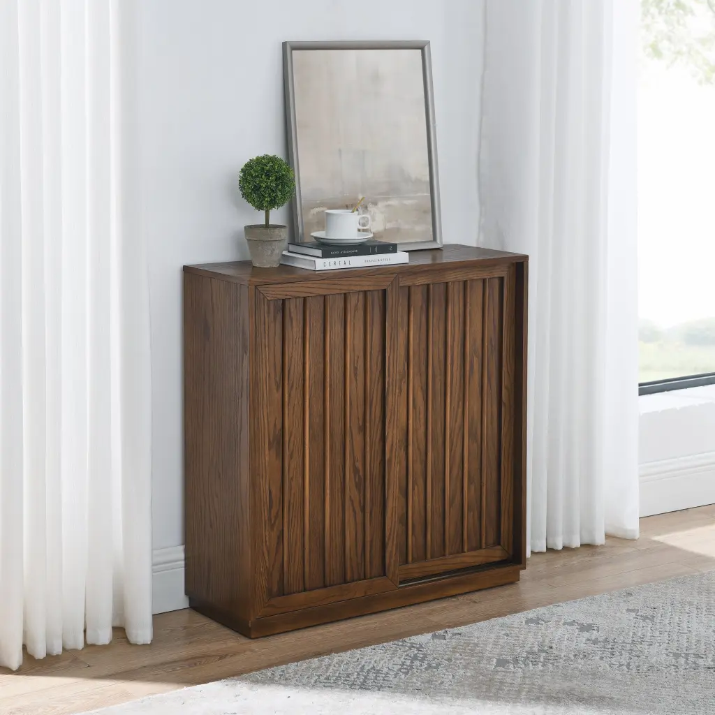 Mid Century Sideboard 2 Sliding Doors Solid Wood Decorative Strip haiyi furniture