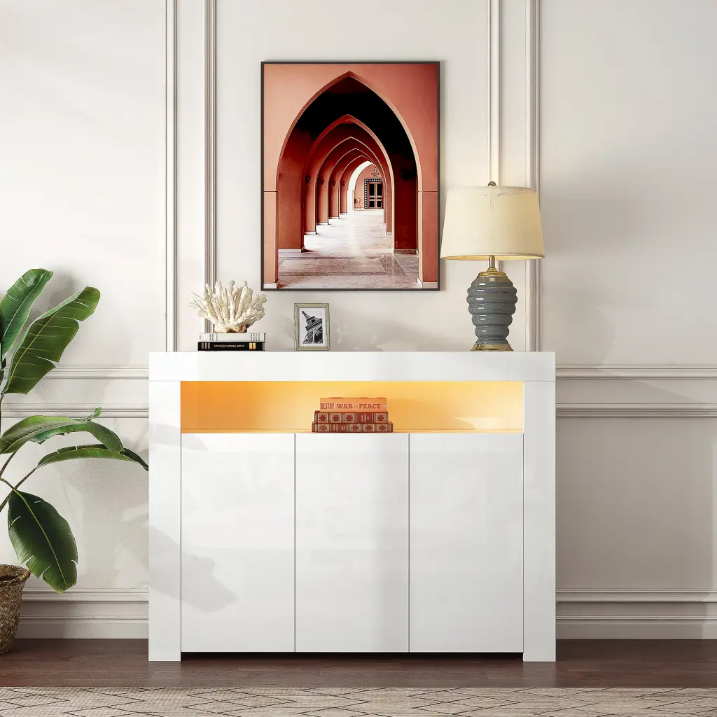 Black High Gloss Living Room Sideboard Storage Cabinet LED Light joysource furniture