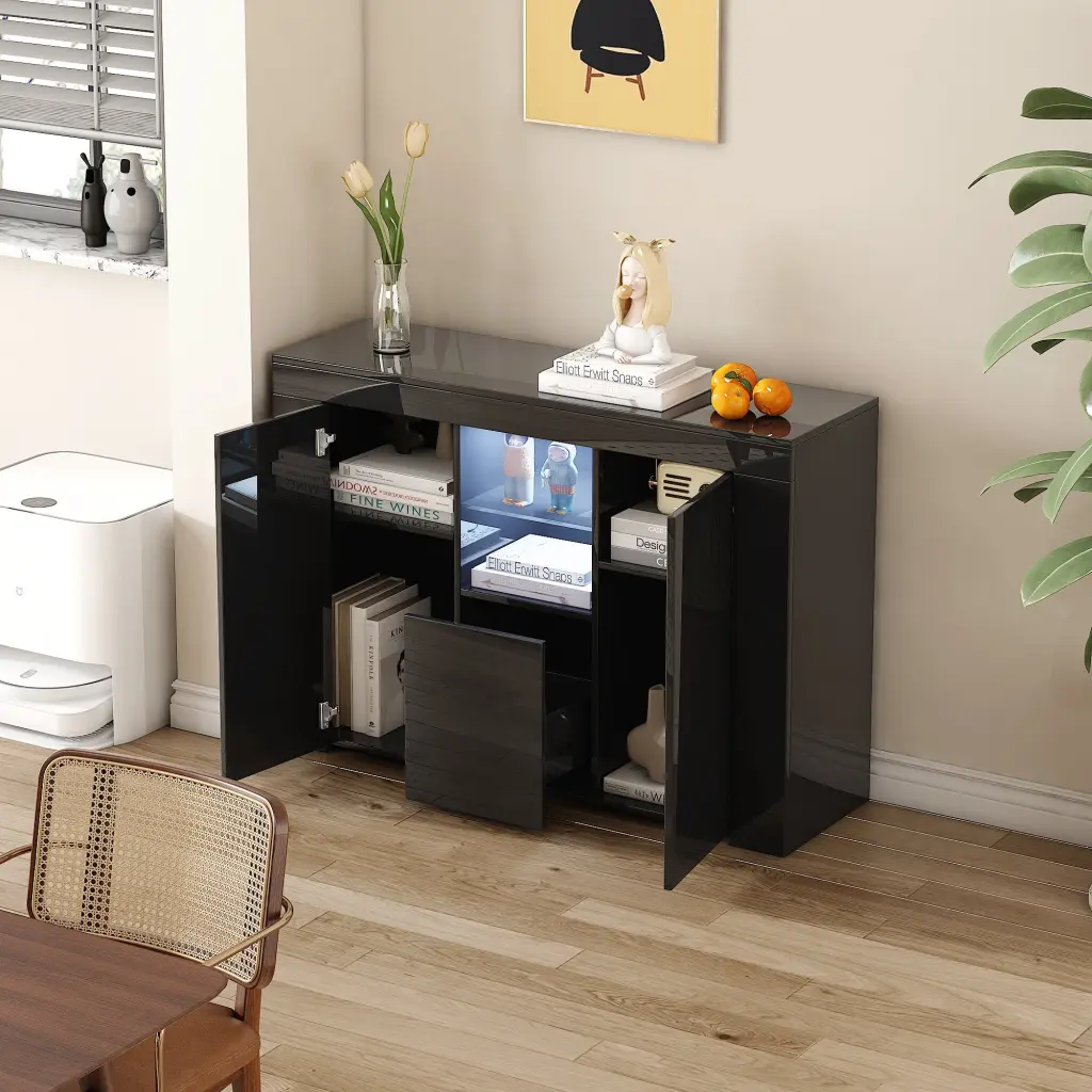 Kitchen Sideboard Cupboard LED Light White High Gloss Dining Room Storage Buffet joysource furniture