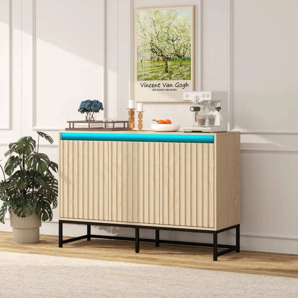 Carved 3 Door Sideboard LED Buffet Cabinet Modern Storage rnb