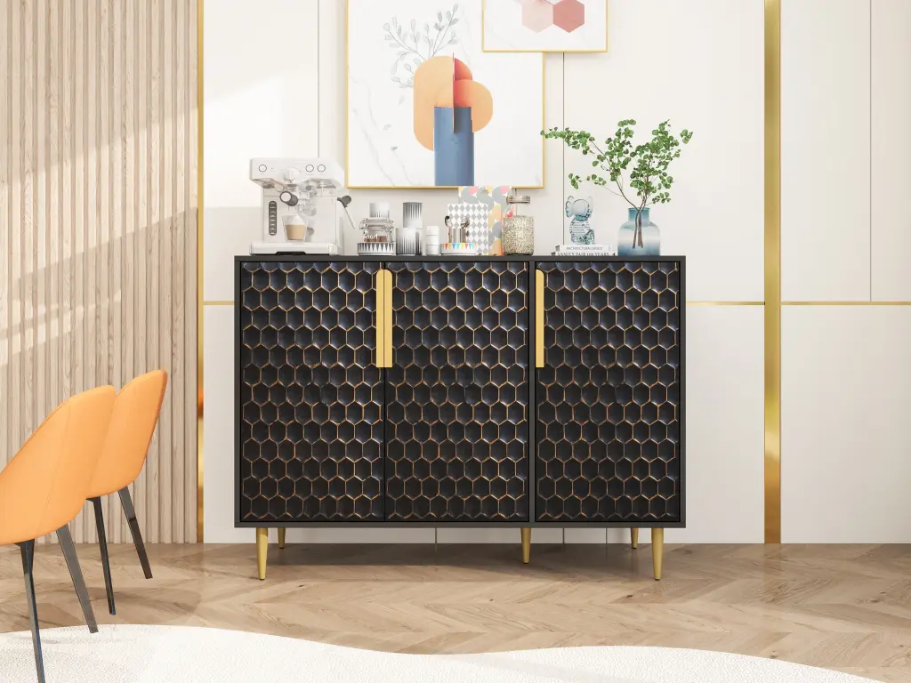 3 Door Honey Finish Storage Cabinet Buffet Sideboard Adjustable Shelves rnb