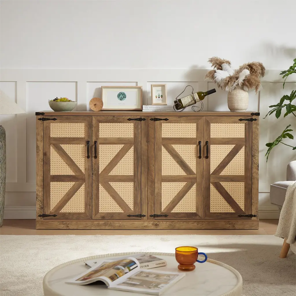 65 Inch Rustic Oak Color Faux Rattan Sideboard Barn Door Rustic Style Cabinet rnb