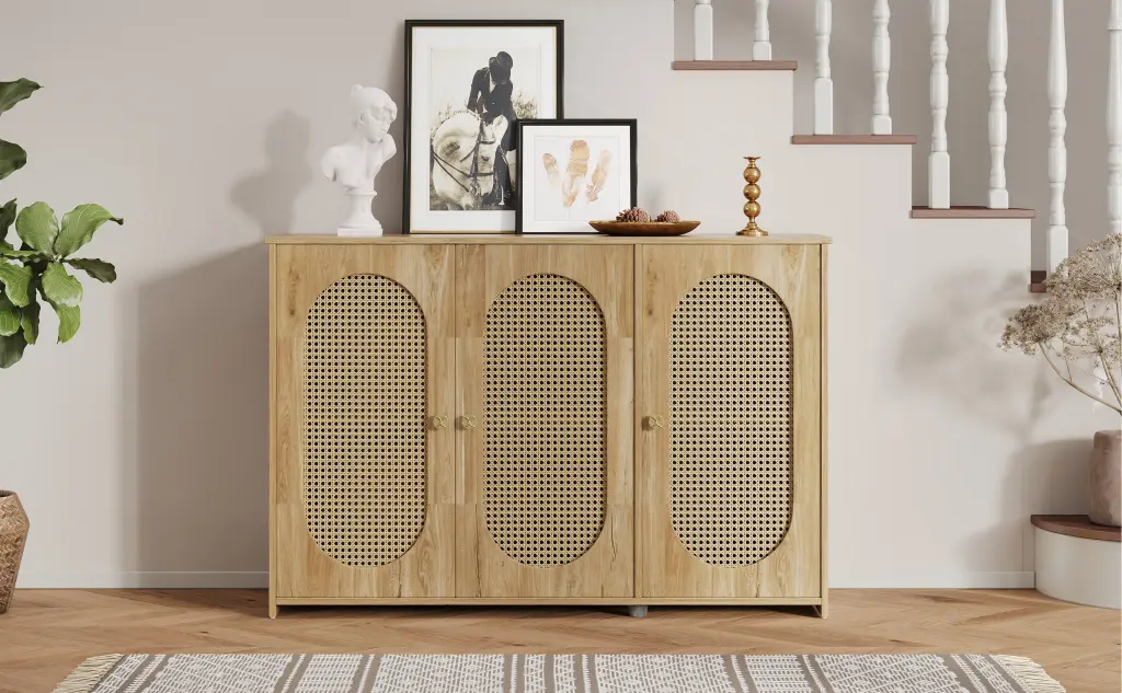 Retro 3 Door Sideboard Large Storage Space Rattan Door rnb