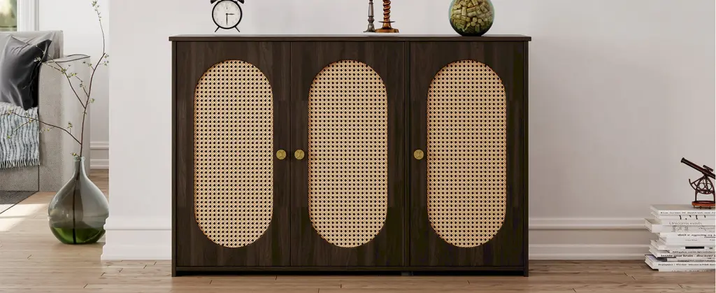 Retro 3 Door Sideboard Large Storage Space Artificial Rattan Doors rnb