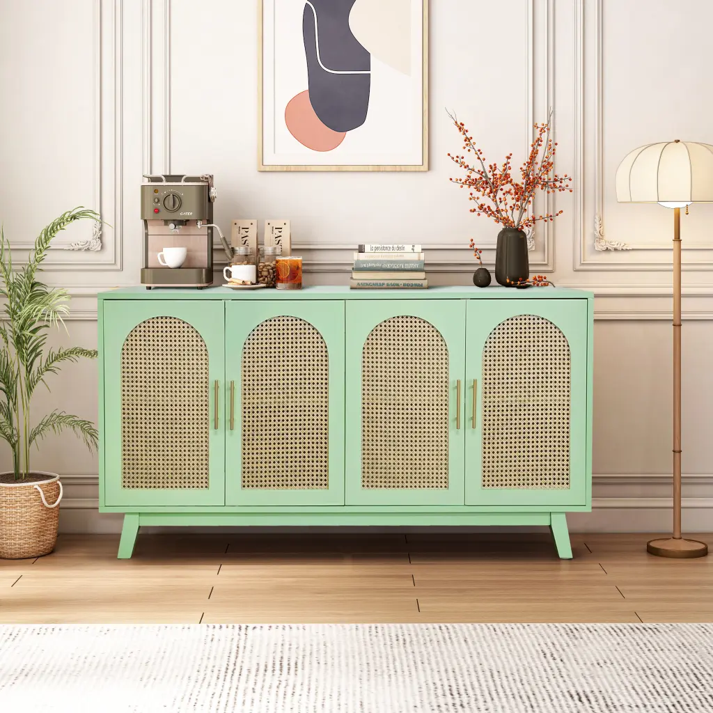 Sideboard Buffet Cabinet Rattan Doors Boho 4 Door Cabinet spribung