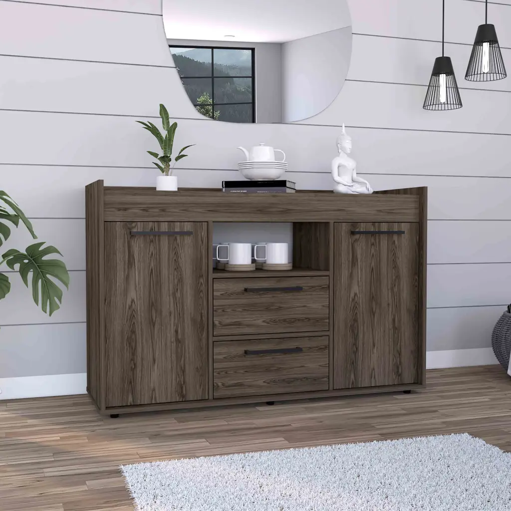Lyon Sideboard Two Drawers Double Door Cabinets Dark Walnut Brown Storage Furniture tuhome