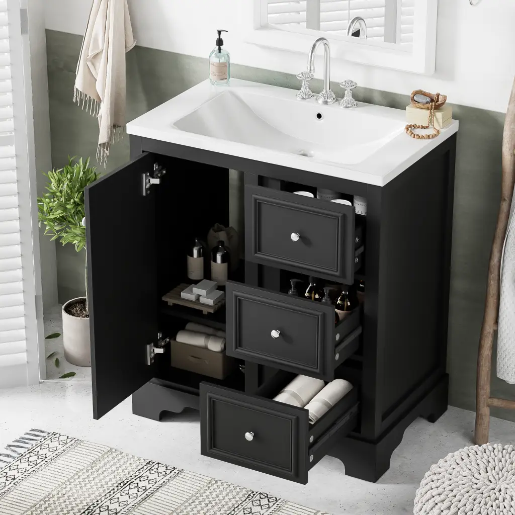 30 Inch Bathroom Vanity Cabinet Ceramic Basin, 3 Drawers and Adjustable Shelves rnb