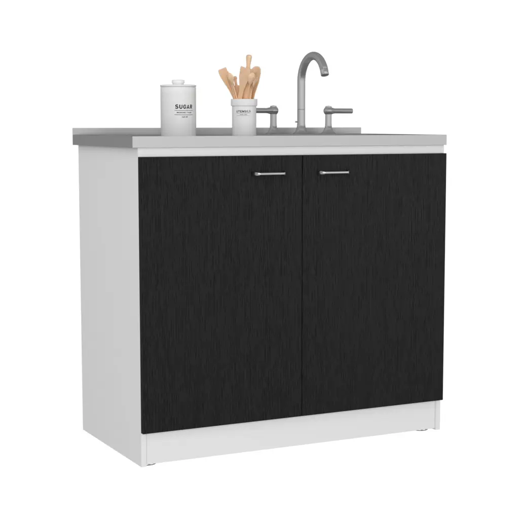Freestanding Sink Double Door Cabinet and Two Shelves White Black depot e-shop