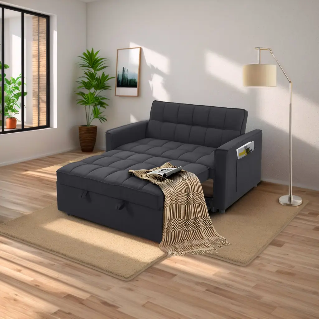Chic Black Pull Out Sofa Bed Woven Polyester Fabric And Solid Wood Frame civilfurniture