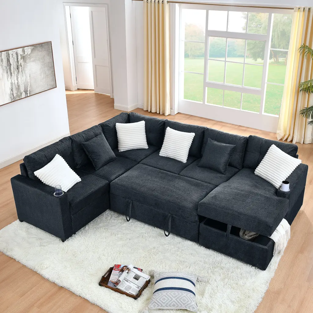 113 Inches U Influence Sleeper Sofa Bed Premium Fabric Storage Section Modern Living Room Furniture dg chuang ying
