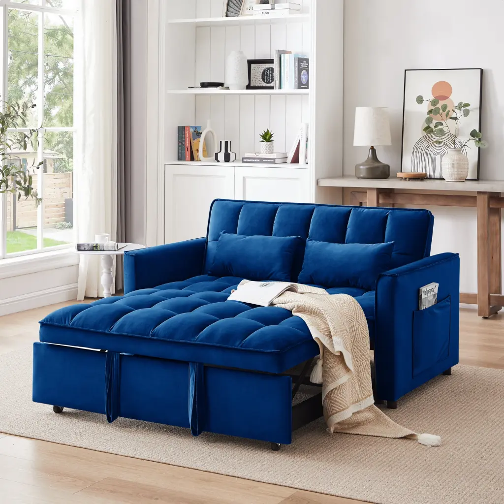 55.1 Inch 3 1 Convertible Sofa Bed Modern Velvet Double Sofa Futon Small Spaces fm home