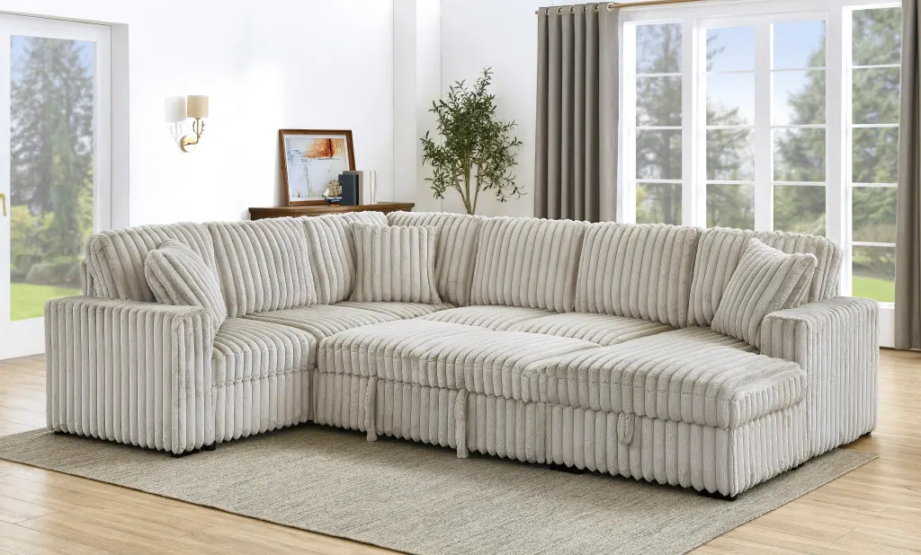 122 Inch Pull Out Couch Rabbit Plush Fabric Sofa Bed USB Ports happy home