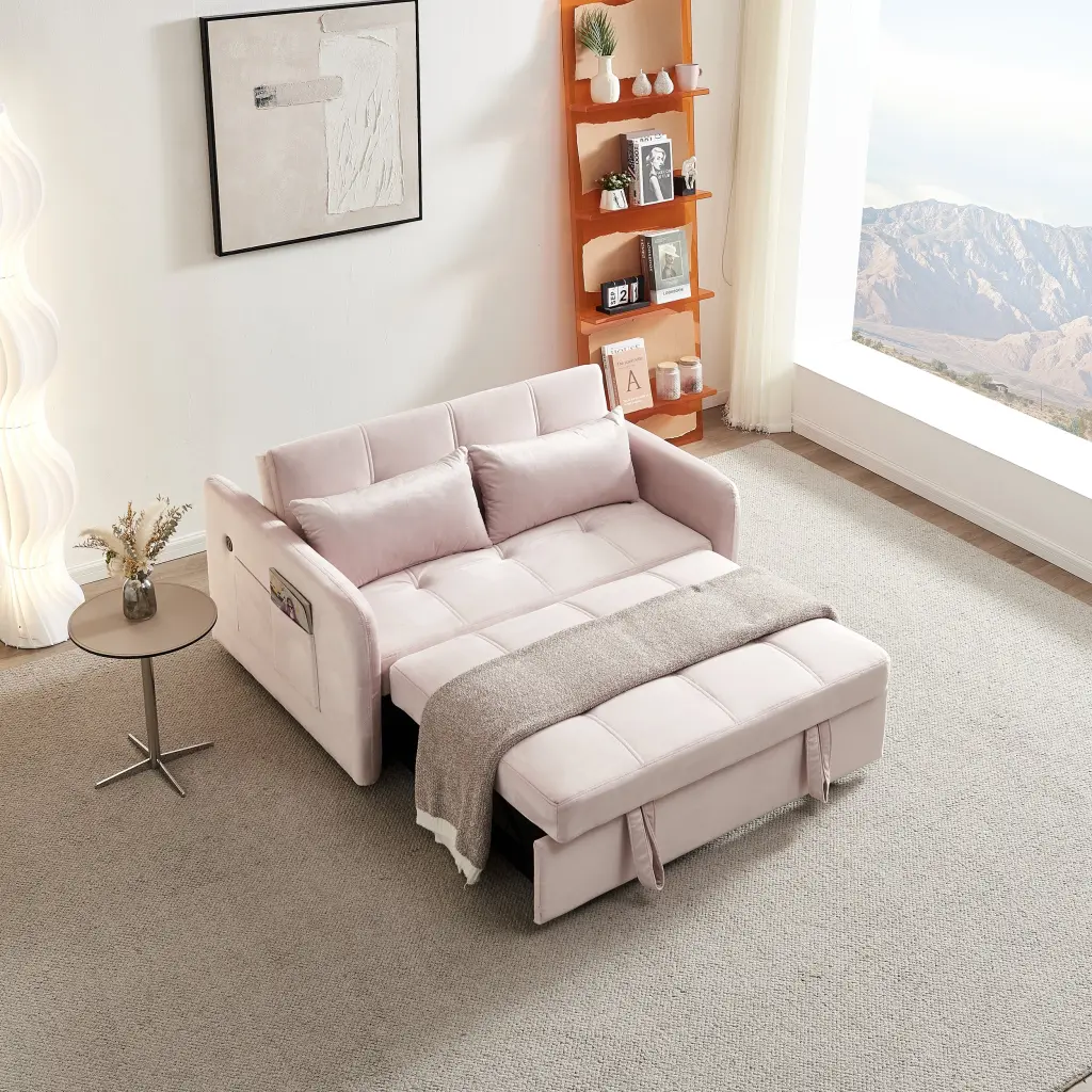 55.5 Inch Twins Pull Out Sofa Bed Pink Velvet Foam Velvet hdf store