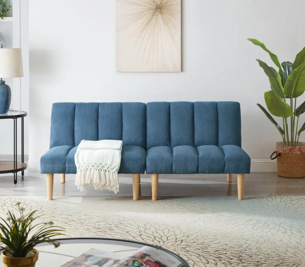 Corduroy Fabric Convertible Sofa Bed Wooden Legs Blue Sofa Sleeper huazhao furniture