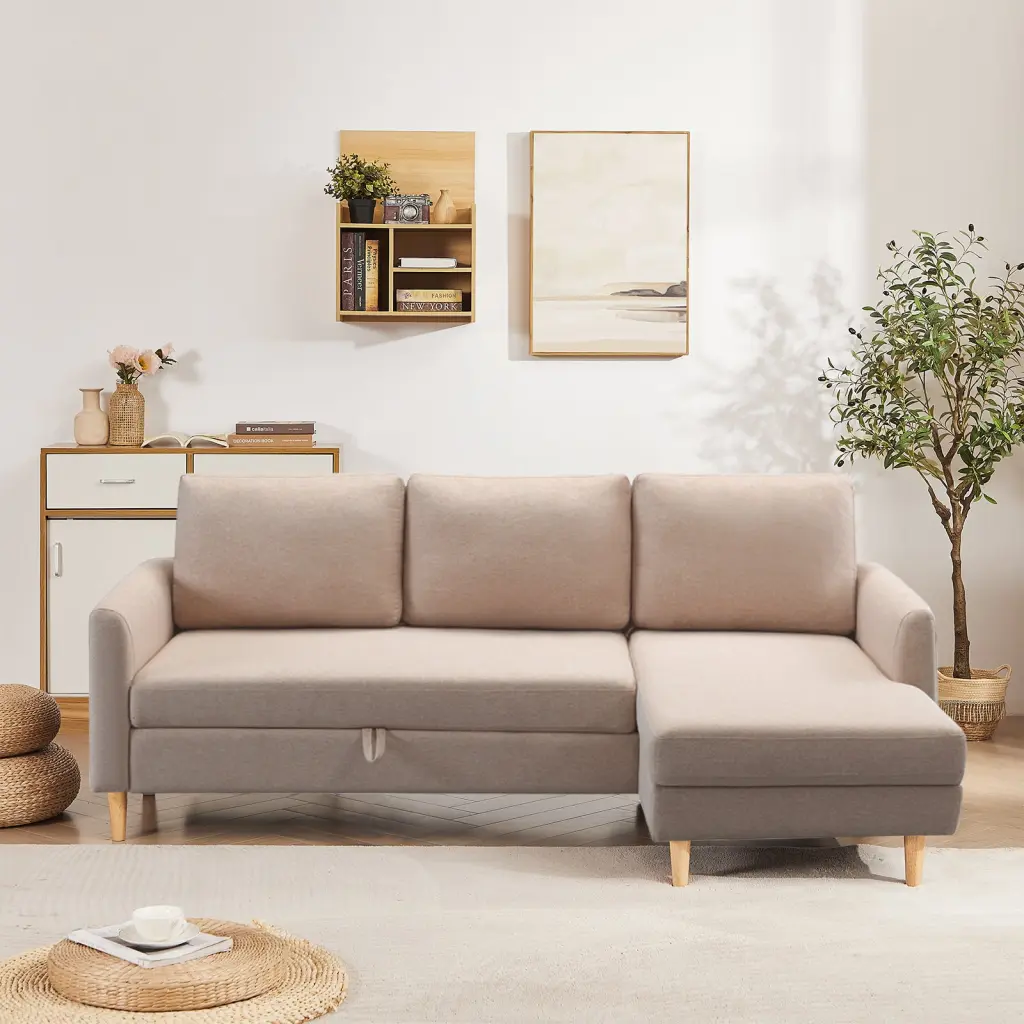 Adjustable L Influenced Sofa Bed Chaise 2P Beige Upholstered Fabric Sleeper Sofa jsc furniture