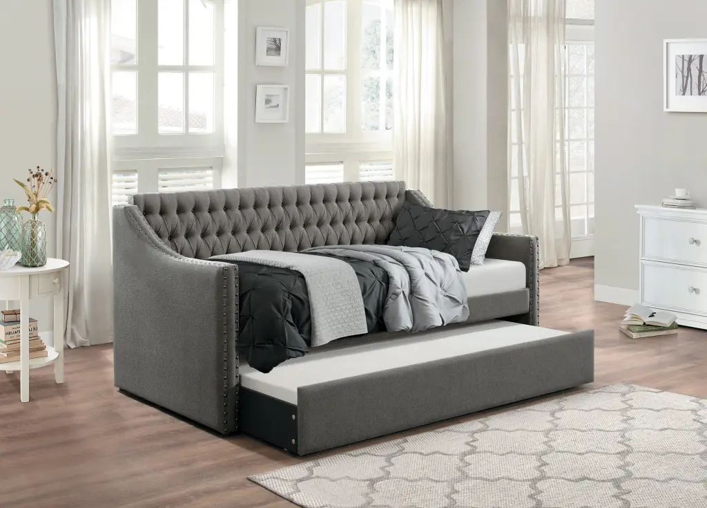 Modern Design Dark Gray Fabric Upholstered 1Pc Sofa Bed Trundle Button Tufted kanepe