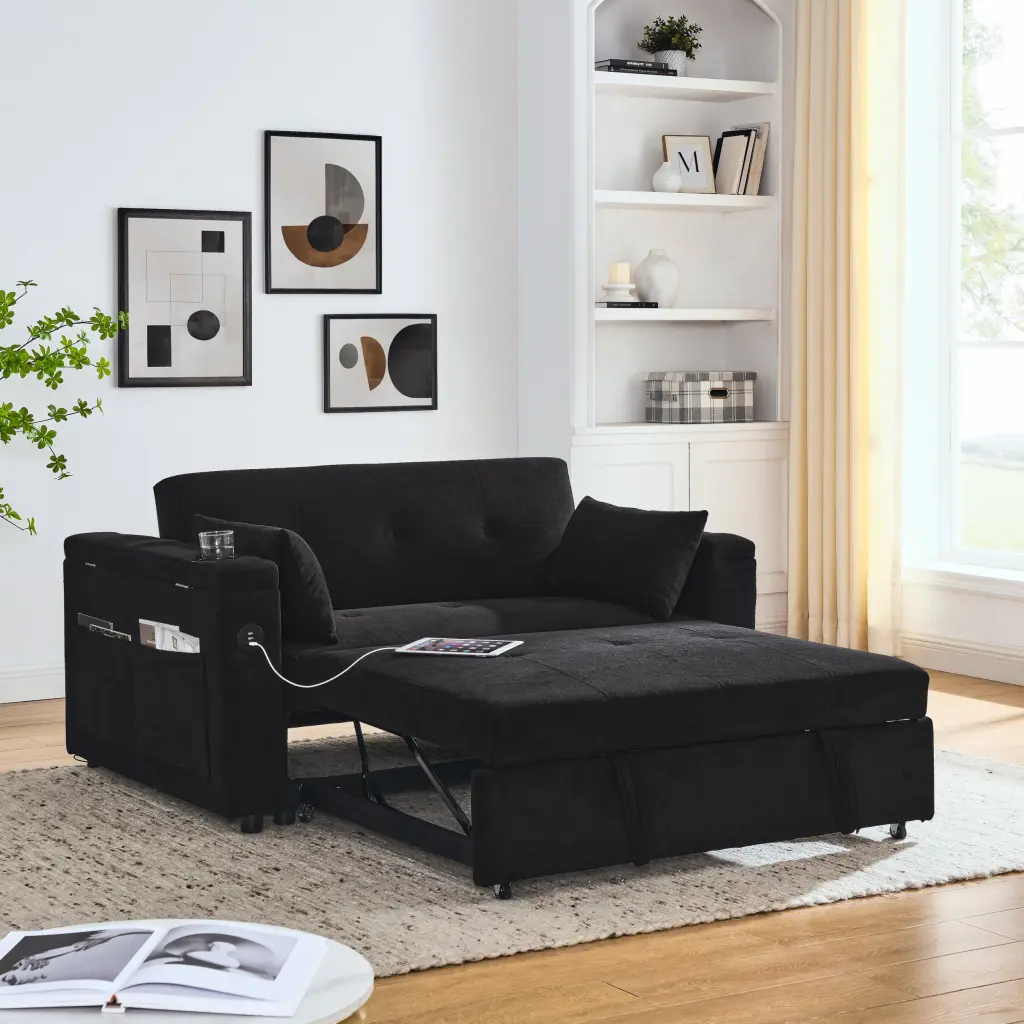 54 Inch Pull Out Sleeper Sofa Bed Double Seat Recliner Sofa Bed Armrests lucky fortune