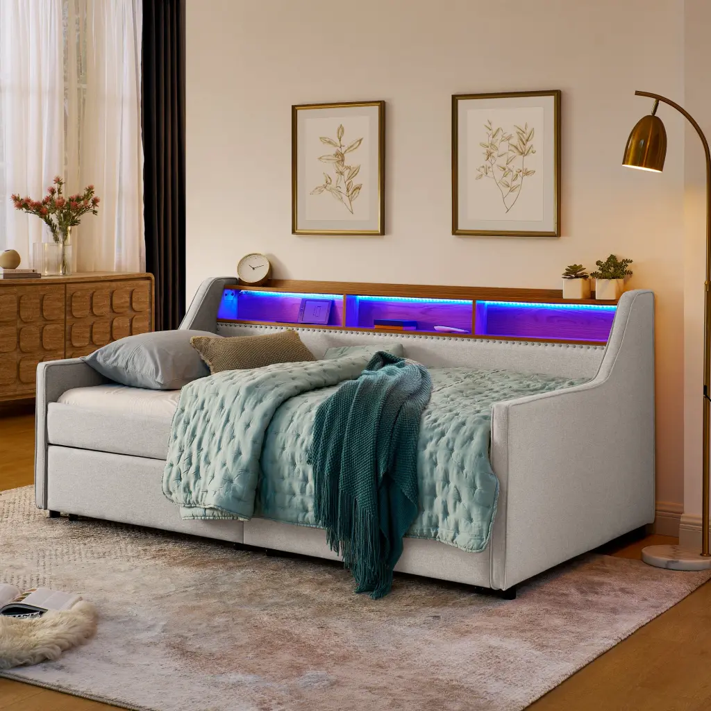 Twin Size Upholstery Sofa Bed Three Led Lights, Storage Adjustable royal star