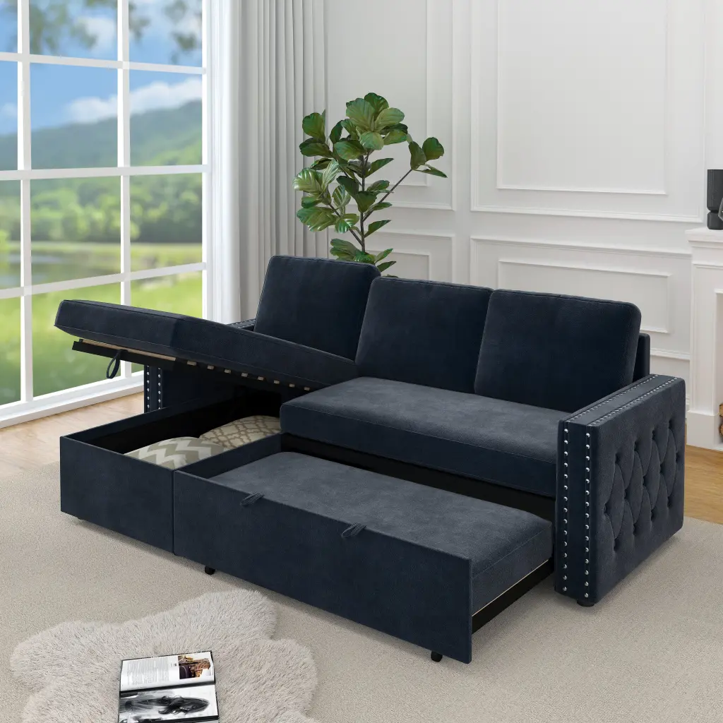 85 Inches 3 Seater Sleeper Sofa Storage Chaise And Square Design welike furniture