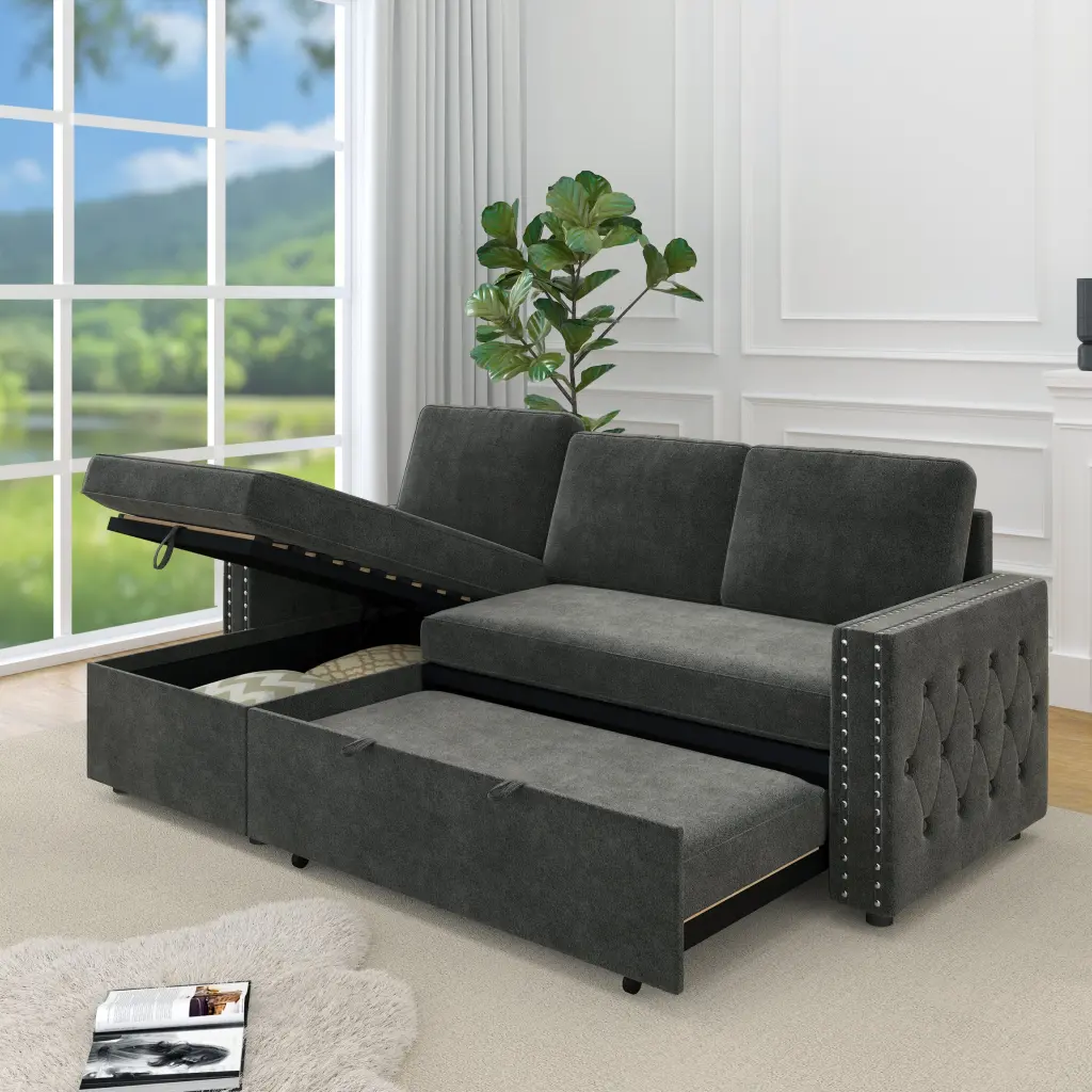 85 Inches Sofa Bed 3 Seater Sleeper Sofa Storage Chaise Square welike furniture