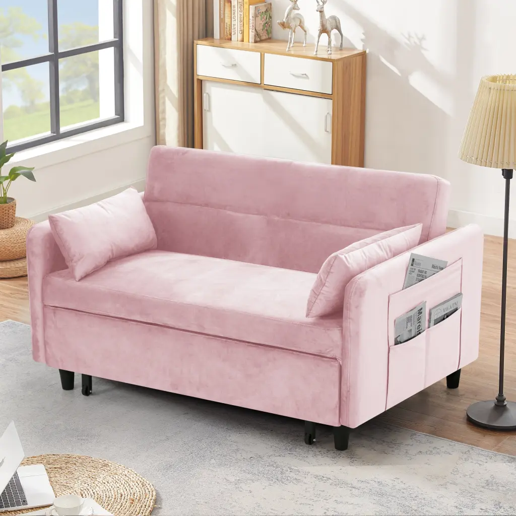 54 Inch Pink Velvet Sofa Bed Two Pillows and Pull Out Mechanism ylf fff