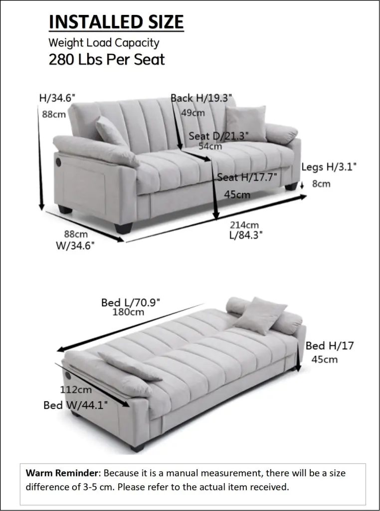 Sofa Bed Sleeper Storage and One Side Pocket, USB Charging Port - Convertible Couch yxhome