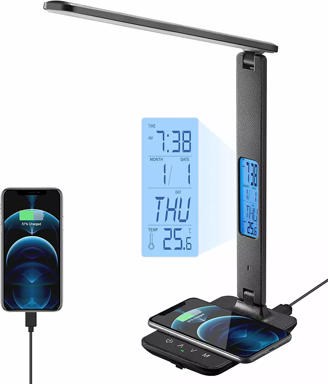 LED Desk Lamp Wireless Charger USB Charging Port Clock Alarm Date Temperature Office Lamp Home Office