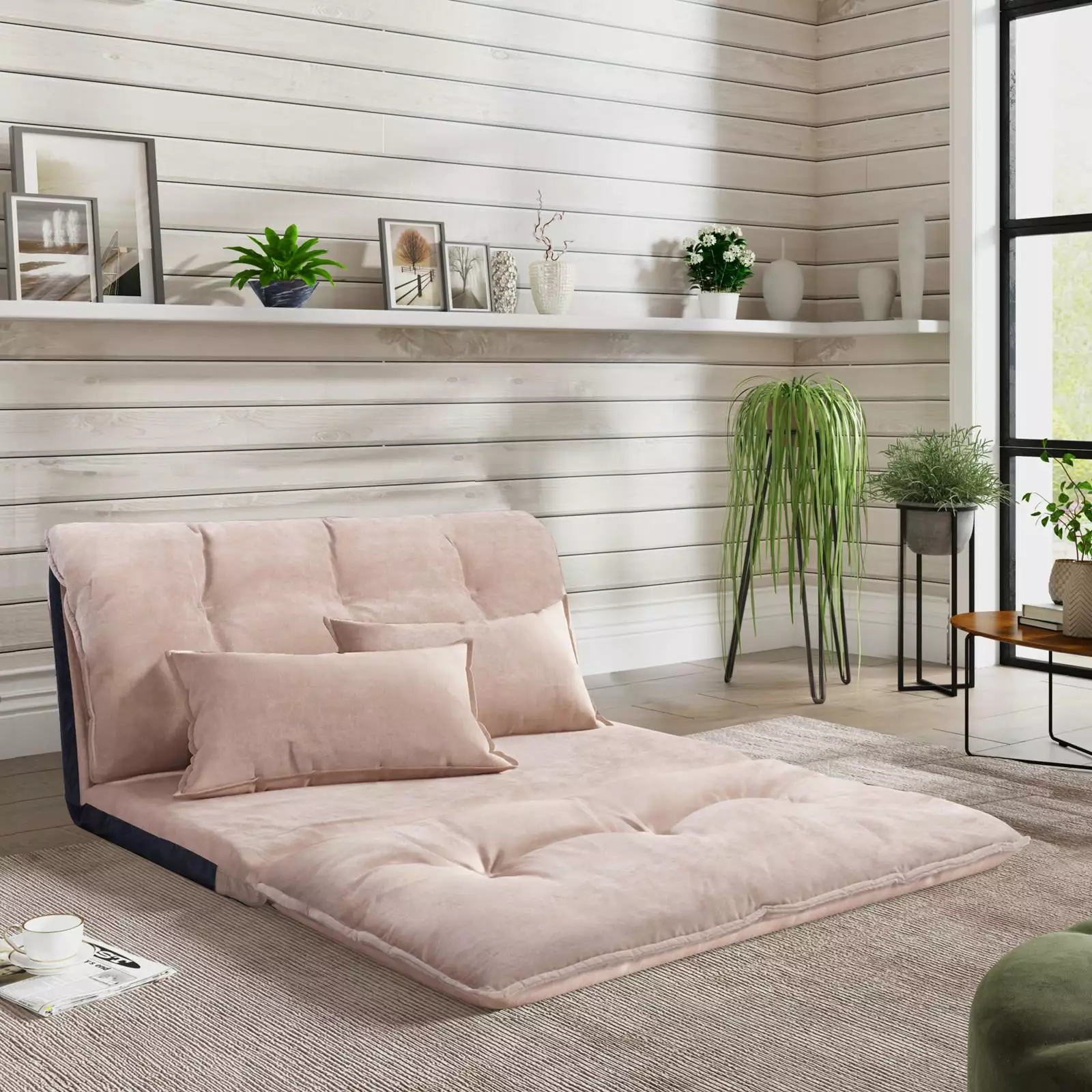 Sofa Bed Adjustable Foldable Modern Leisure Sofa Bed Two Pillows Beige Gaming Sofa ARCTICSCORPION