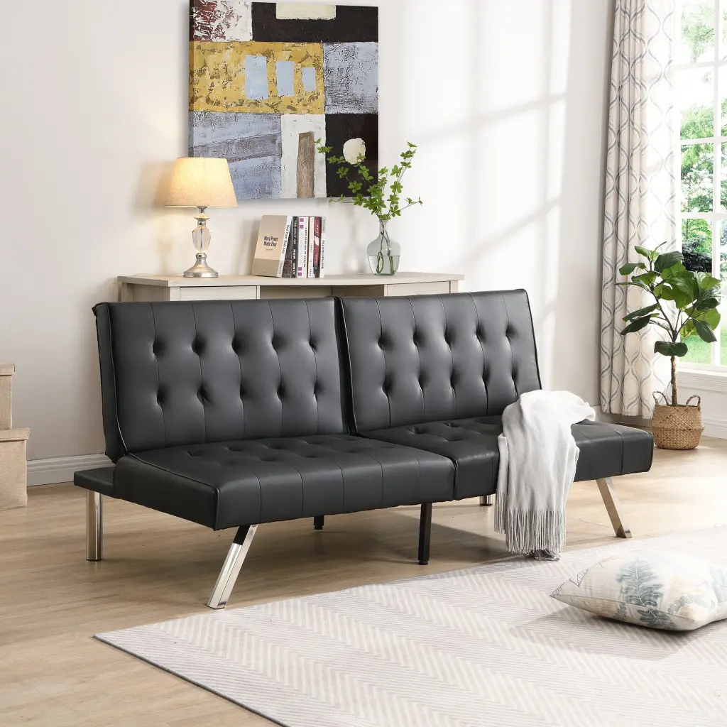 Sofa Bed Black PVC Leather Convertible Couch Small Spaces beds - sofas