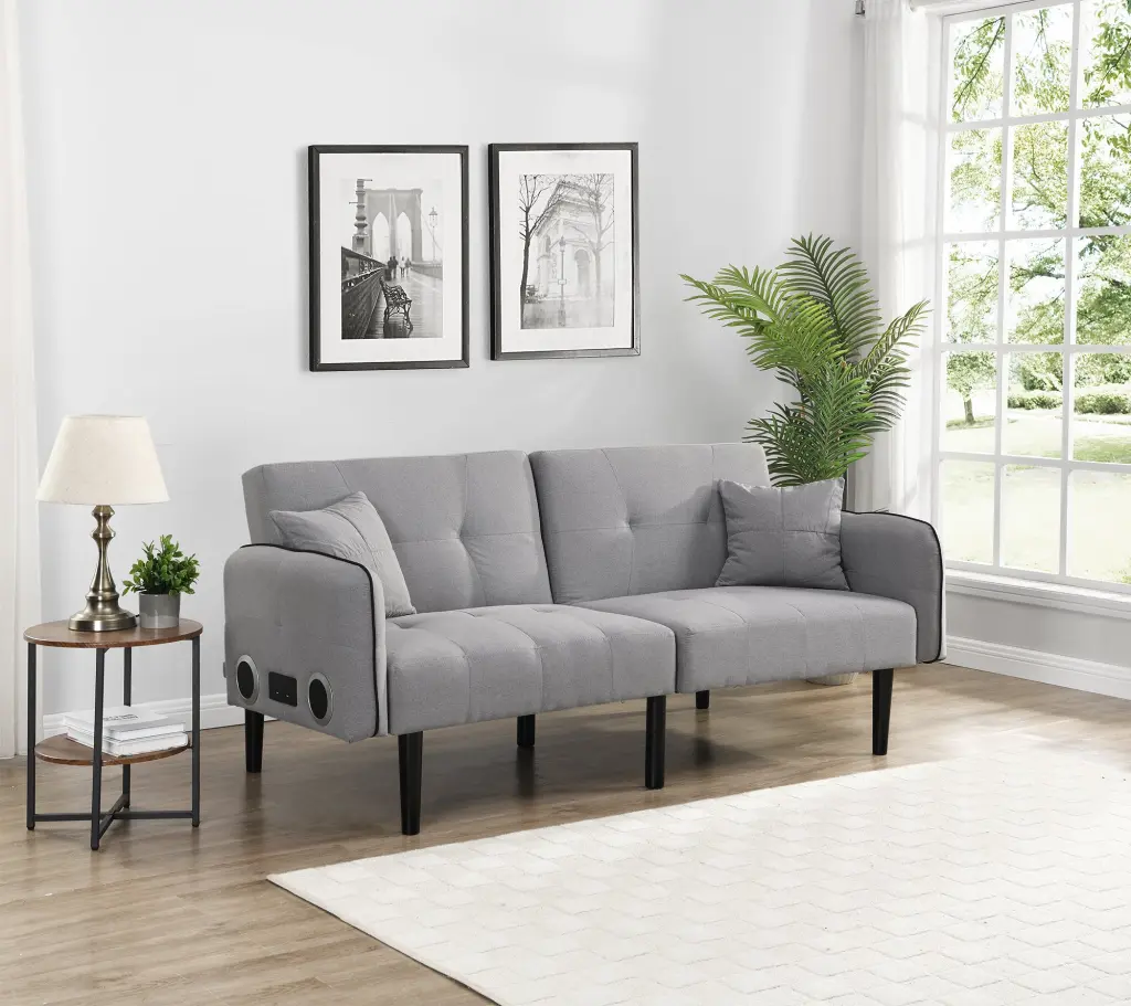 Folding Ottoman Sofa Bed Stereo Gray Linen - Convertible Living Room Furniture civilfurniture