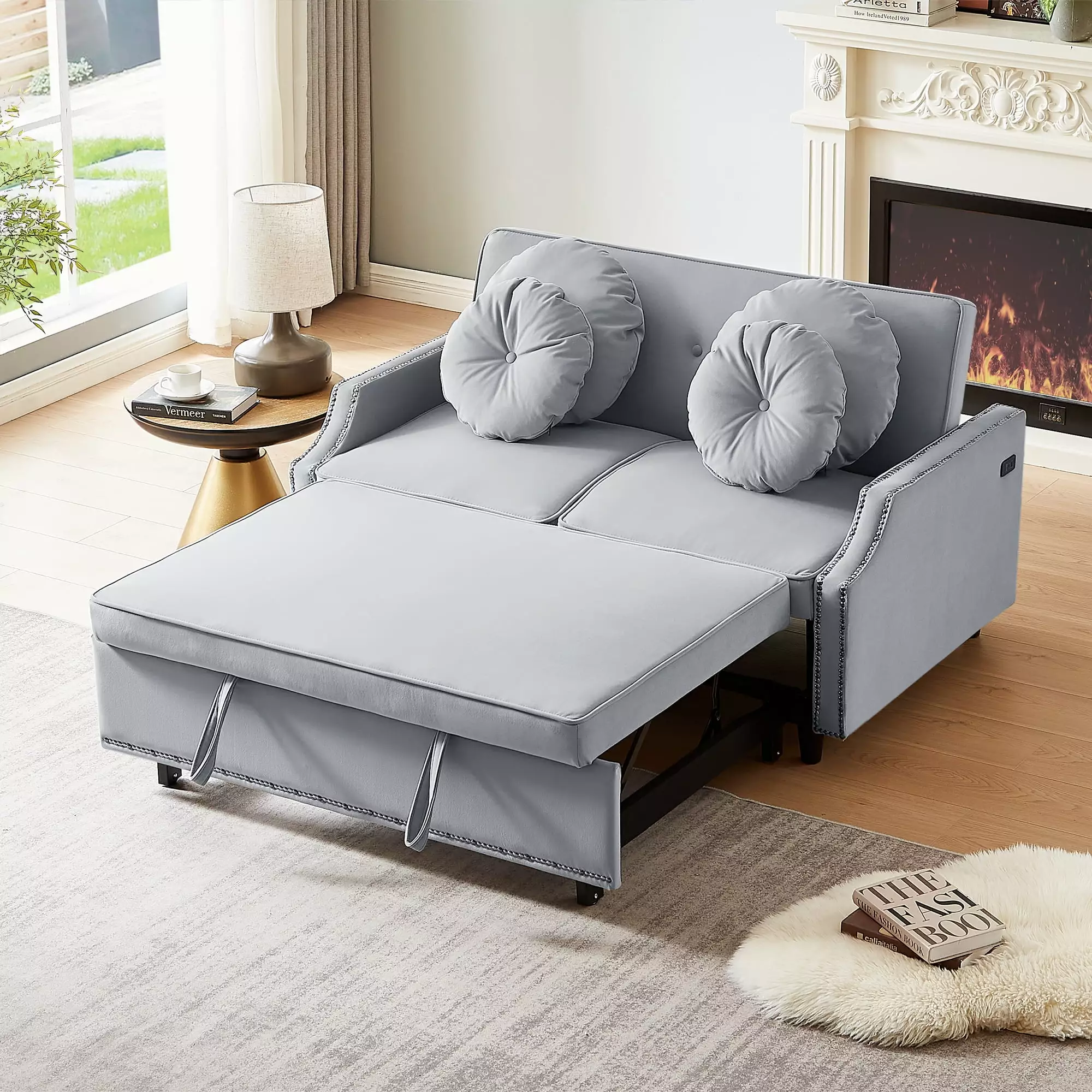 54.7 Adjustable Sofa Bed Button Tufted Backrest and USB Ports - Light Grey Modern Living Room Furniture CoSoTower