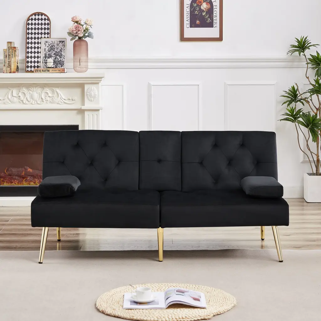 Black Velvet Sofa Bed Tufted Back and Armless Design 2 Seater cy furniture