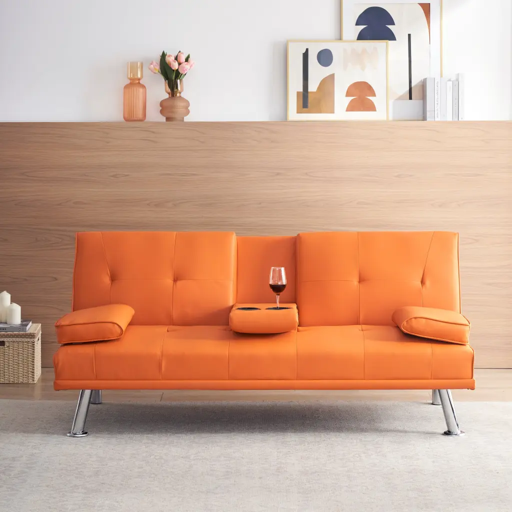 67-Inch Orange Leather Multifunctional Double Folding Sofa Bed Office or Guest Room fan chen furniture