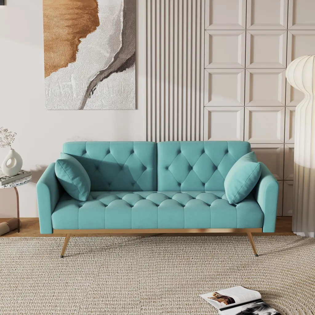 68.3 Inch Baby Blue Velvet Nail Head Sofa Bed Throw Pillow fan chen furniture