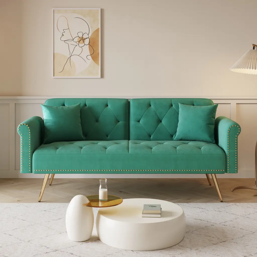 69.7 Inch Green Velvet Nail Head Sofa Bed Throw Pillow 2 Seater Convertible fan chen furniture