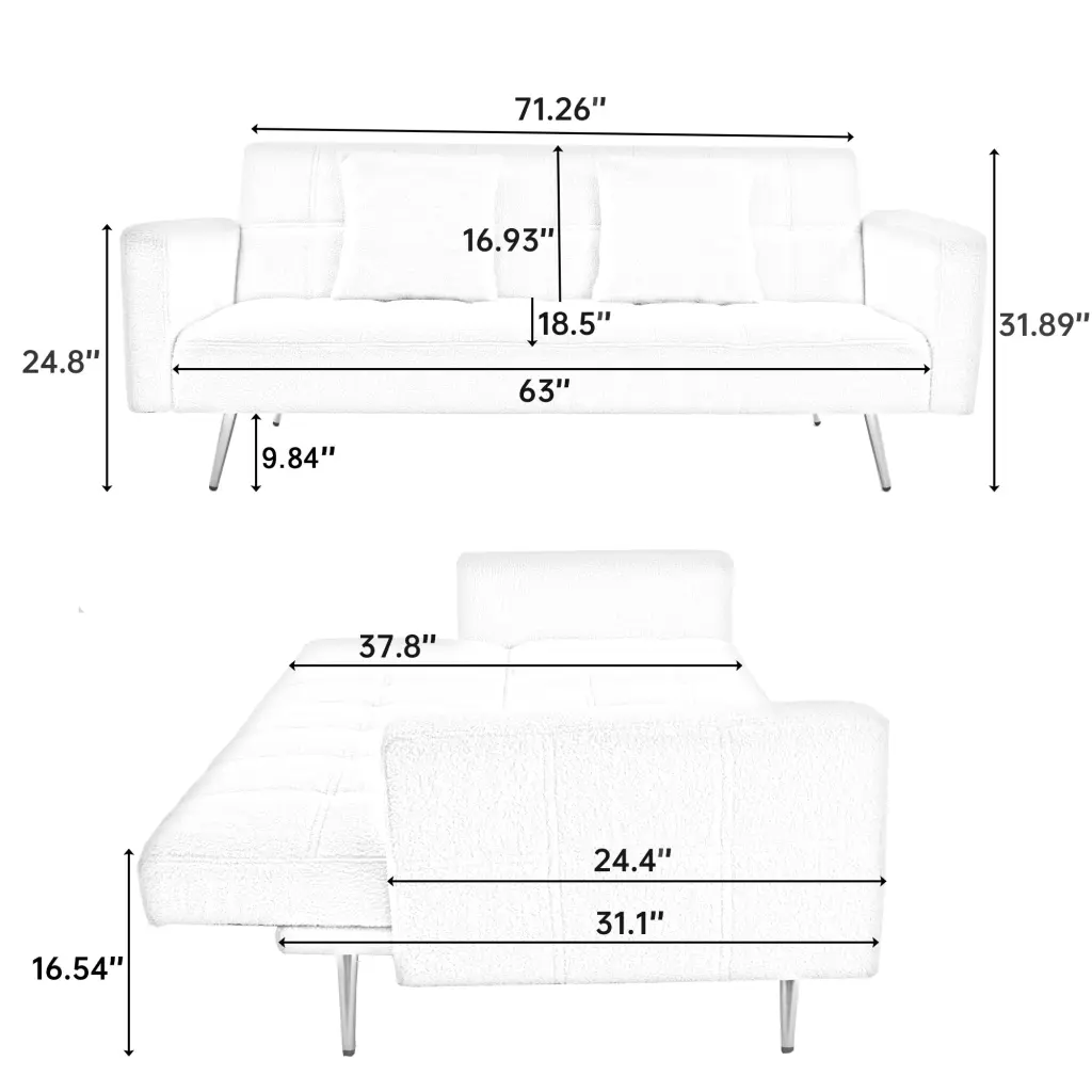 71.7 Inch Grey Teddy Fleece Sofa Bed Bring Two Throw Pillows Grey Fabric Living Room Furniture fan chen furniture