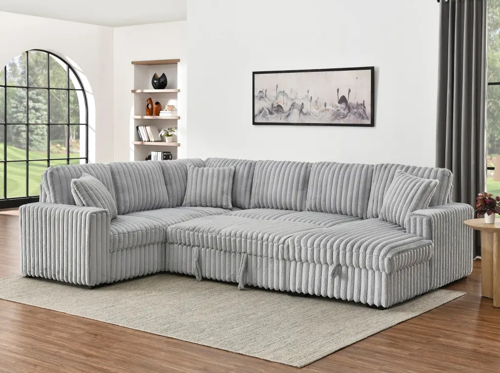 122 Inch Pull Out Couch Rabbit Plush Fabric Sofa Bed USB Ports Modern Living happy home