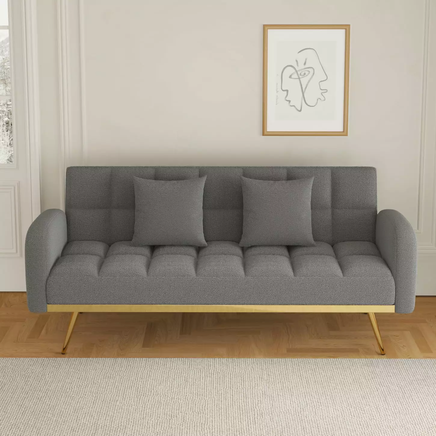 Grey 69-Inch Adjustable Teddy Fleece Sofa Bed 2 Throw Pillows - Versatile Sleeper HATNOKIL