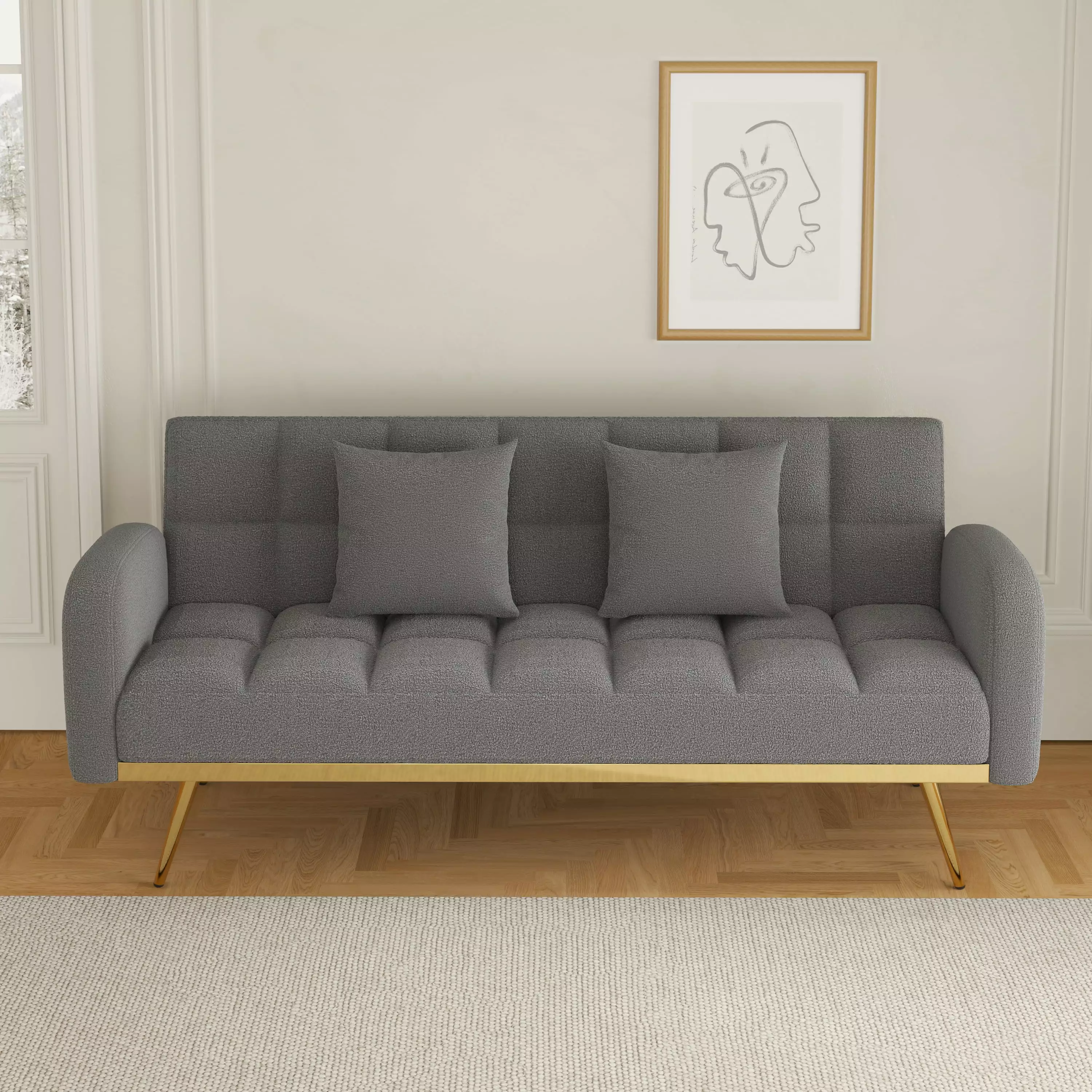 69-Inch Grey Sofa Bed Adjustable Sofa Teddy Fleece and 2 Throw Pillows - Comfortable Living Room Furniture Jamini