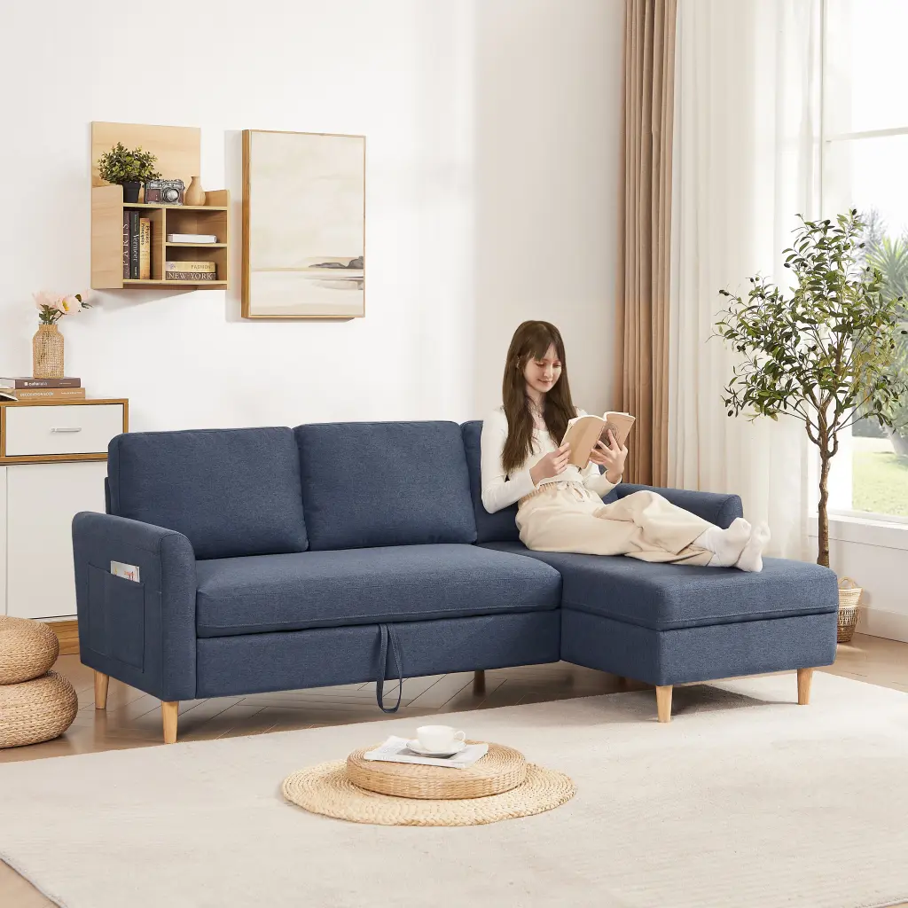 Adjustable L Shaped Sofa Bed Chaise Blue Grey Upholstered Fabric jsc furniture