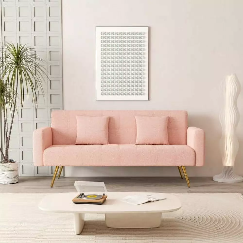 71.7 Inch Pink Teddy Fleece Sofa Bed 2 Throw Pillows - Cozy Convertible Sleeper JUHOO