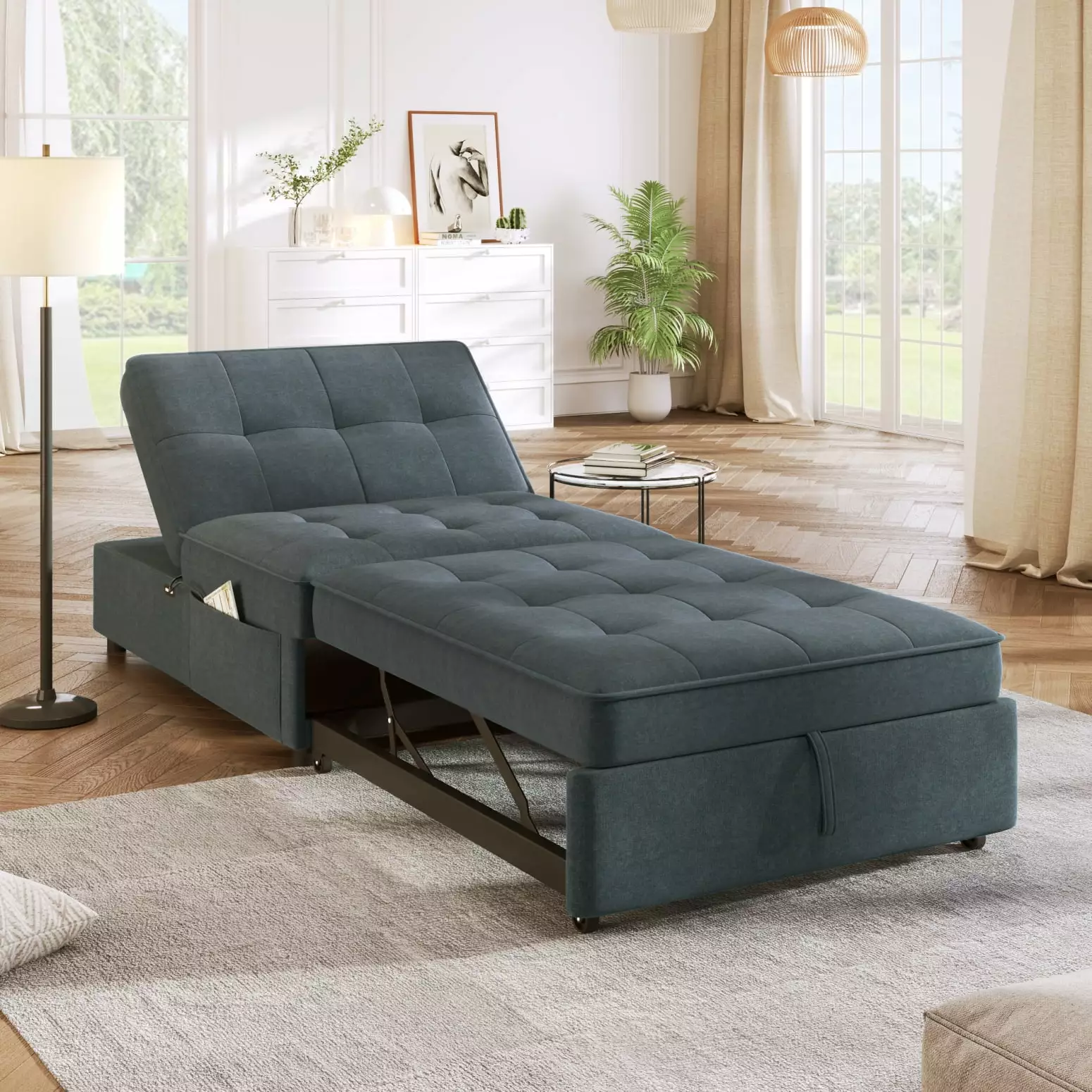 4--1 Sofa Bed Chair Bed Multi-Function Folding Ottoman Bed Storage Pocket and USB Port Deep Blue - Convenient Living Room ...