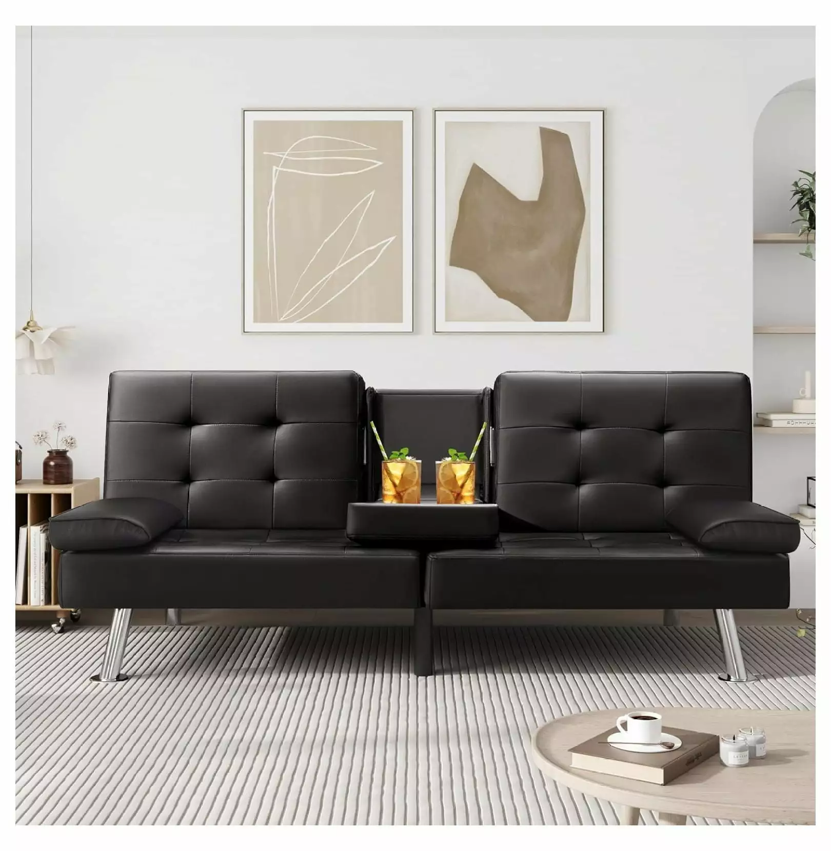 Superwum Black Faux Leather Convertible Futon Sofa Bed Cup Holders