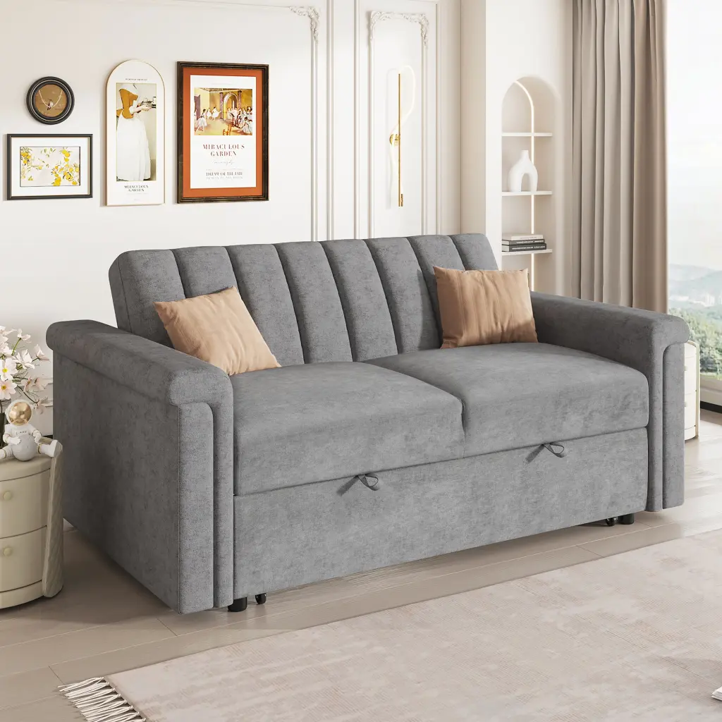 Convertible Soft Cushion Sofa Pull Bed Two People Gray u_style