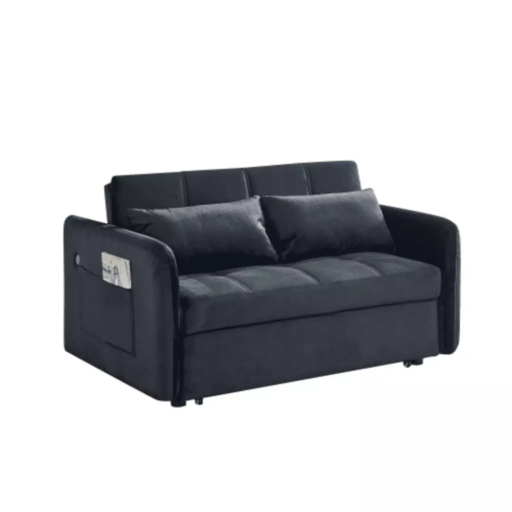 55.5 Twins Pull Out Sofa Bed Black Velvet - Space Saving Living Room Furniture YRWL