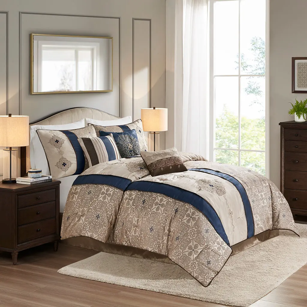 7 Piece Jacquard Easeer Set Throw Pillows Navy Polyester Sofa Cover jla