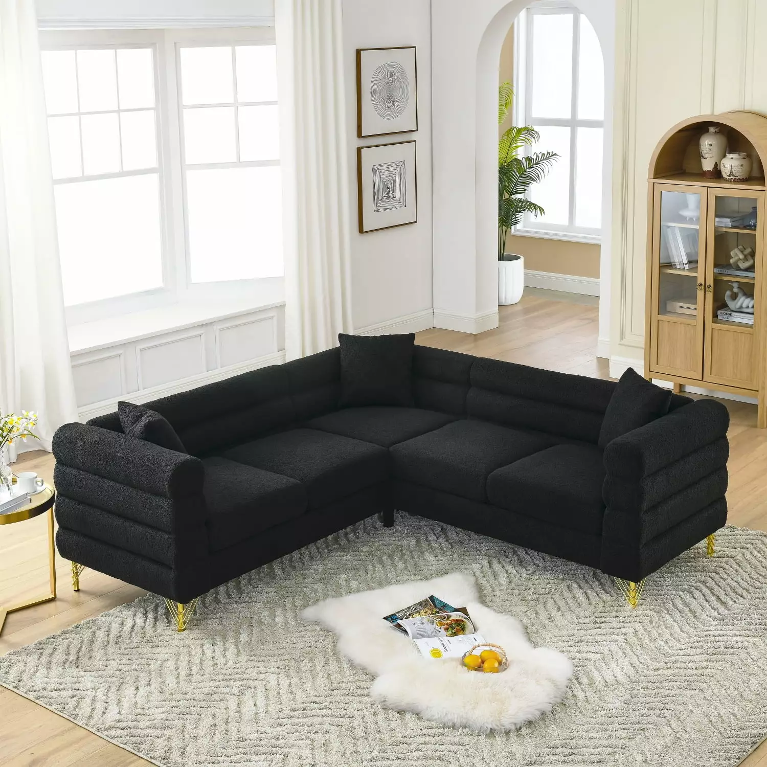 Black Teddy Fabric Oversized Corner Sofa Cover - L-Shaped 5-Seater 3 Cushions - Living Room Bedroom Office Ponnky