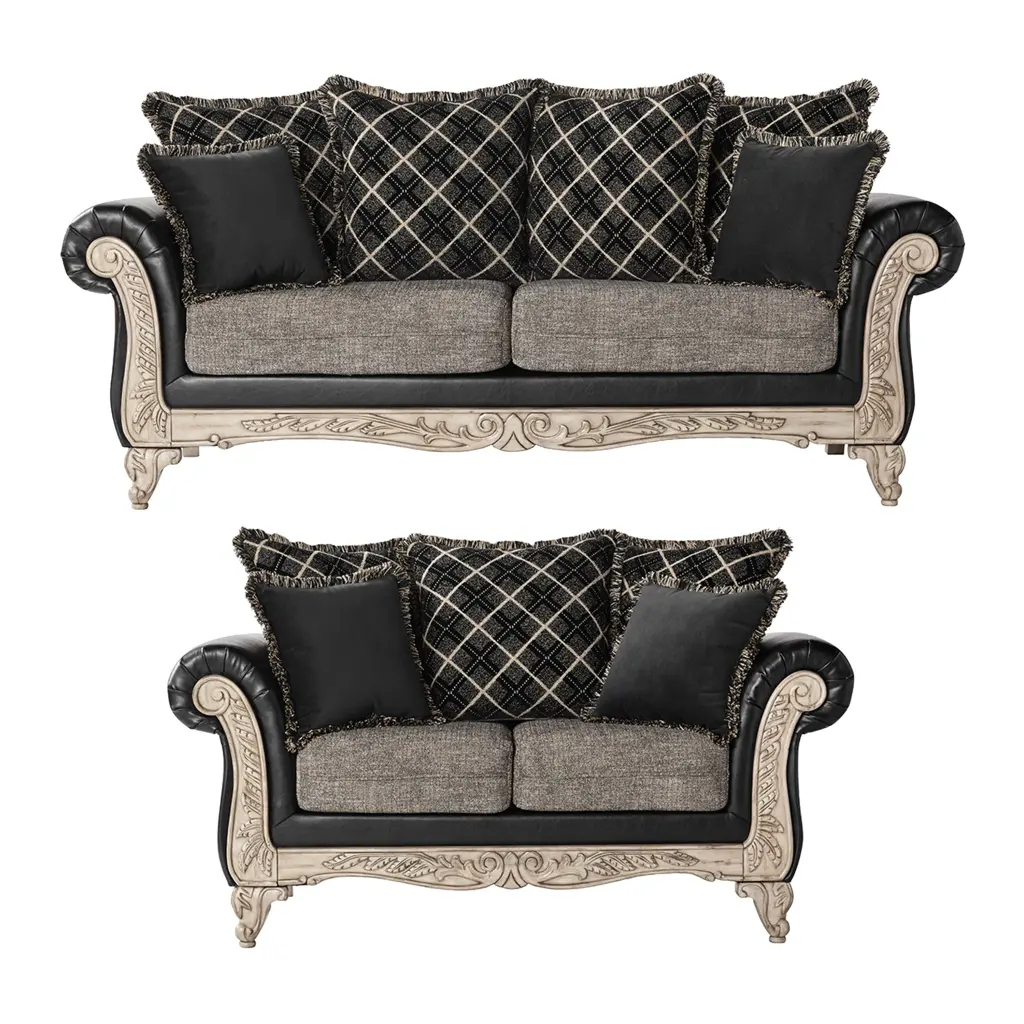 San Marino 2 Tone Fabric Wooden Frame Sofa And Loveseat Set Multicolor Living Room hz