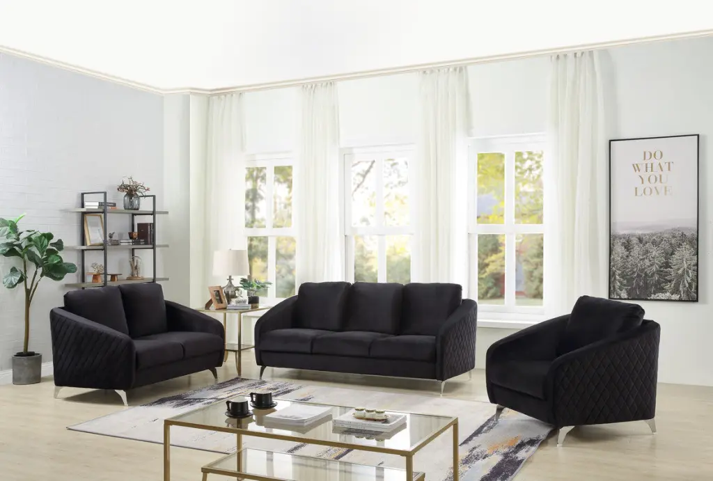 Sofia Black Velvet Fabric Sofa Loveseat and Chair Living Room Set lilola home