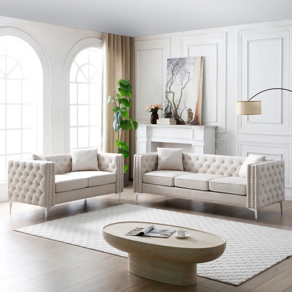 2 Piece Modern Velvet Living Room Set Sofa And Loveseat Jeweled Blue aijiafurniture